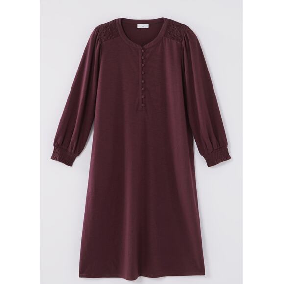 J.Jill $99 Large Spiced Wine Burgundy Cottagecore Fall Smocked Henley Dress - Picture 4 of 8